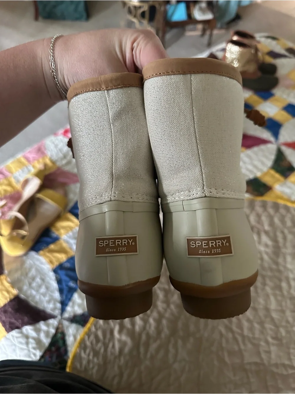 Sperry Women's Off-White Duck Boots with Tan Trim
